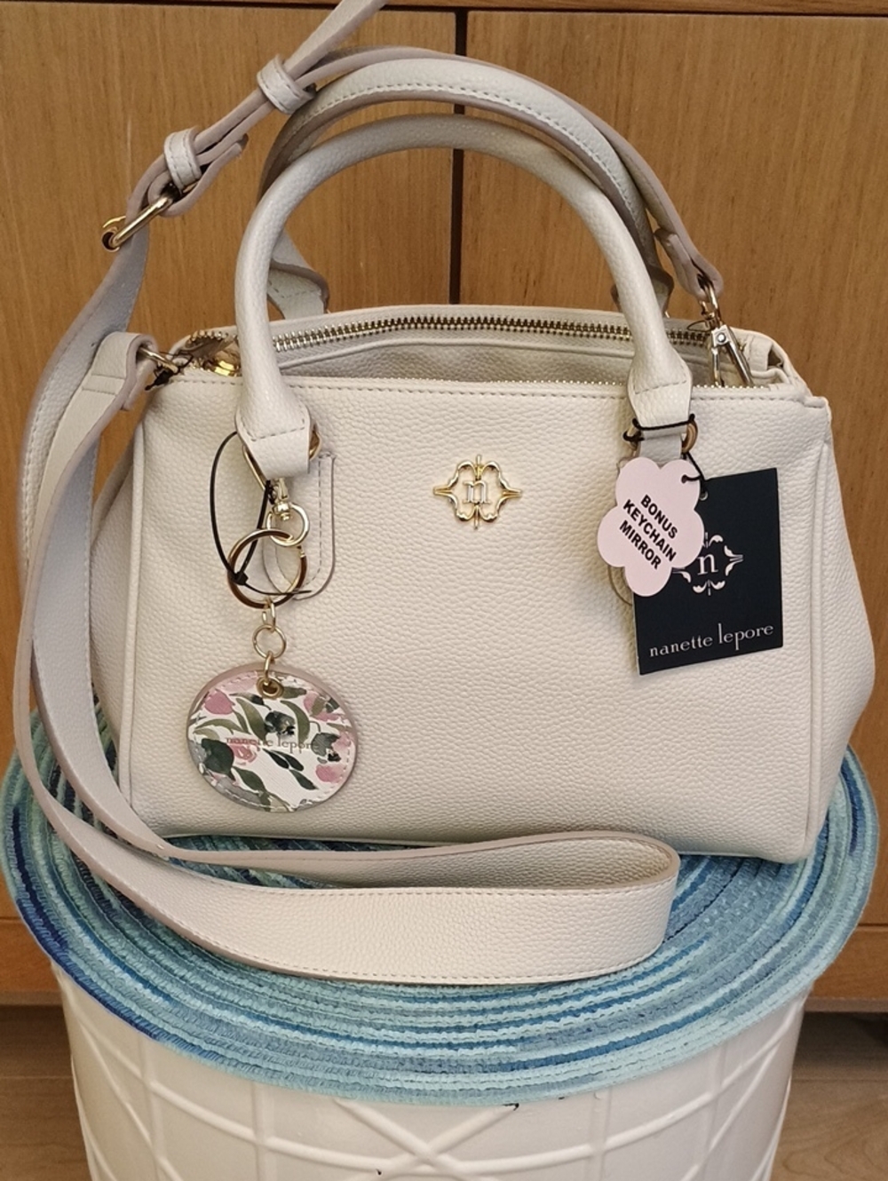 NWT Nanette Lepore Cream " Brody Triple Section " Pebbled Satchel